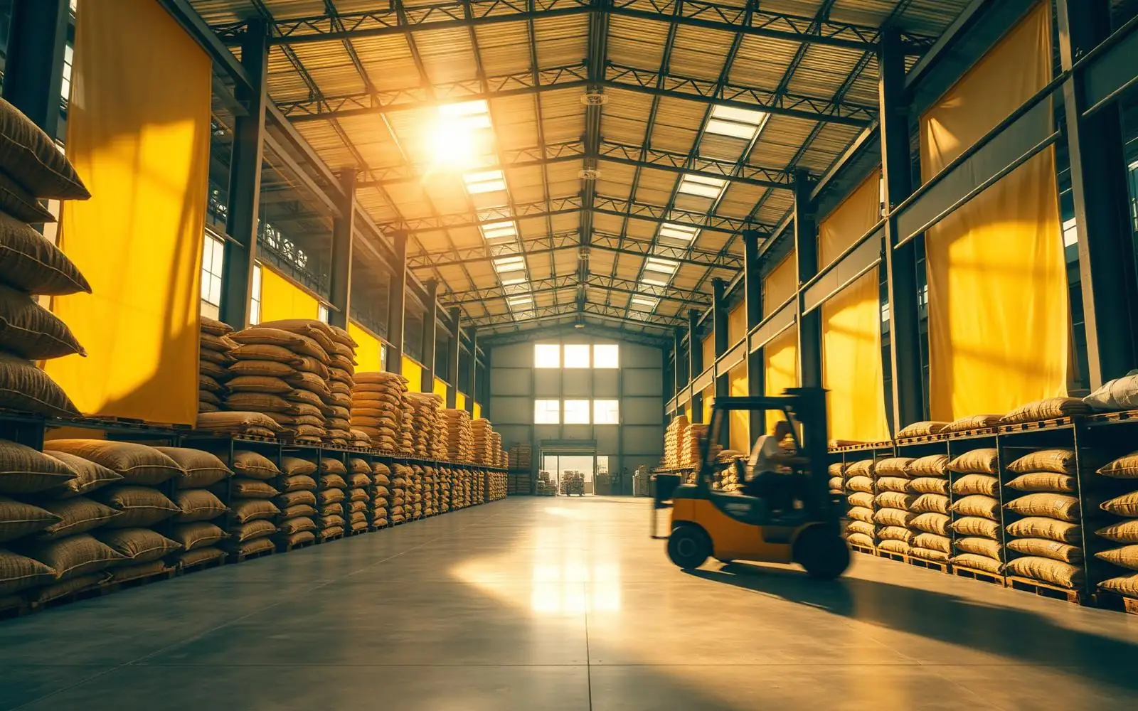 Sunrise inside a modern Indian wholesale warehouse with jute sacks and forklift